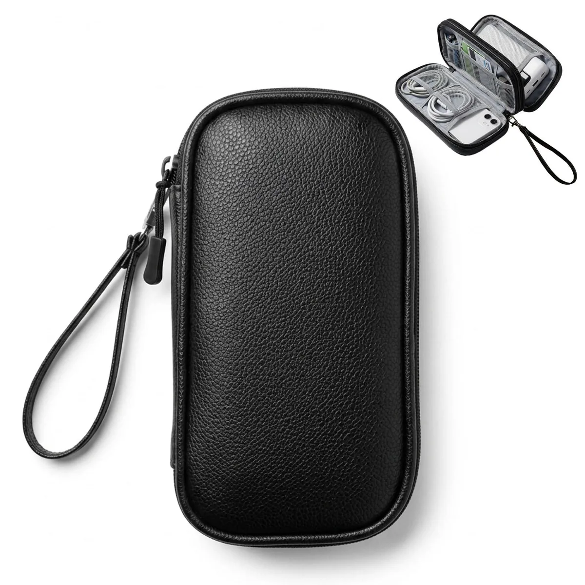 Small black leather electronic organizer bag with wrist strap and zipper
