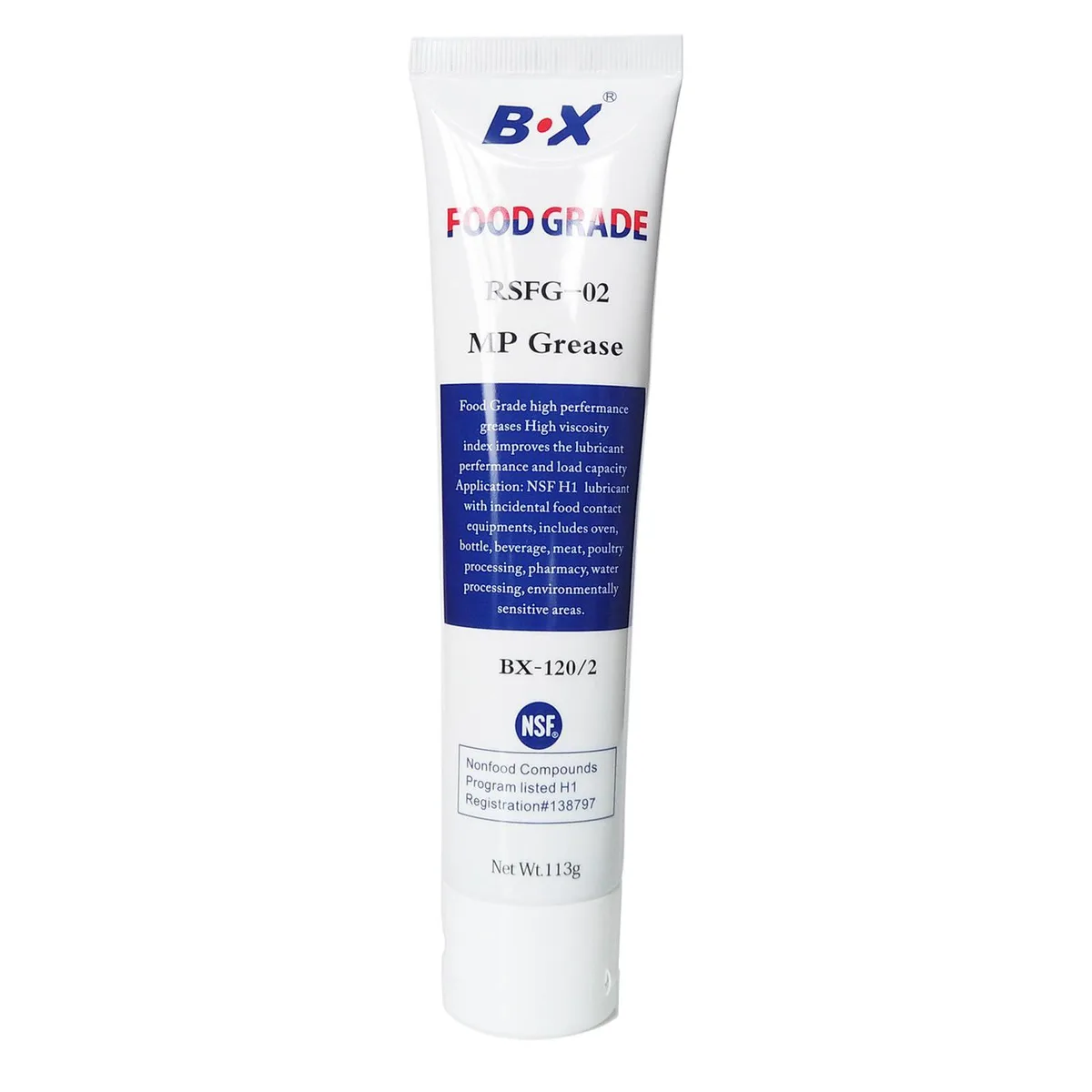 White tube with flip cap, 1.6 by 7.9 inches, food-grade grease