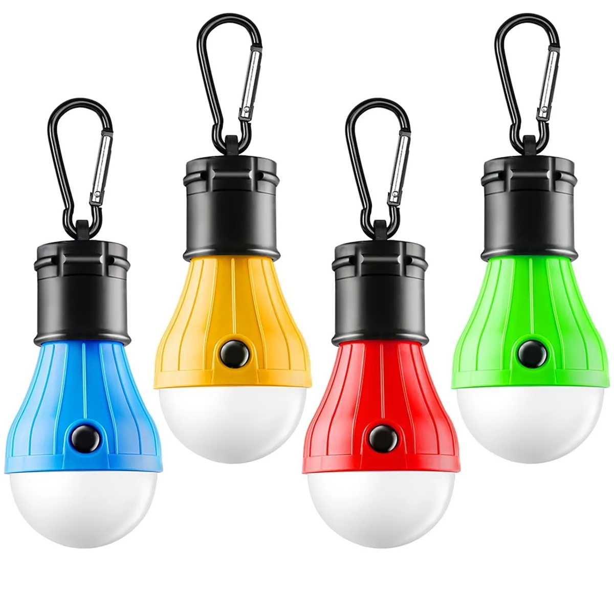 Four small cylindrical lanterns in assorted colours, each with a clip hook, shown together in a pack