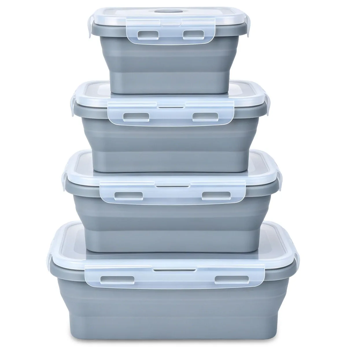 Four collapsible gray silicone food containers with lids, nested by size