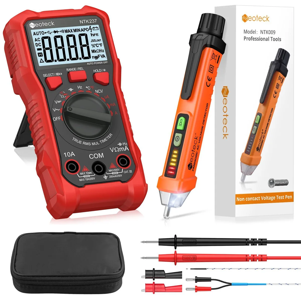 Voltage pen and multimeter in dark case, 18.5 by 7.5 by 4.5 cm