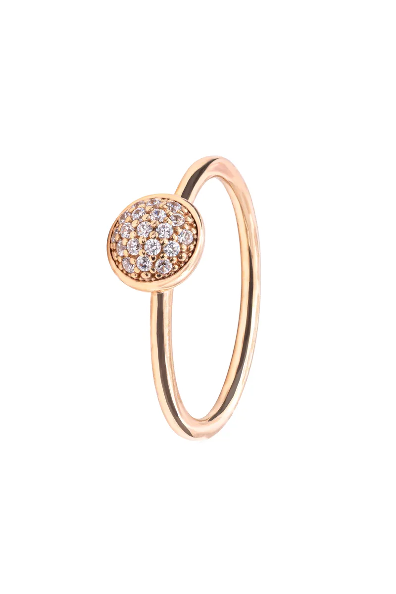 14k gold droplet ring with clear cubic zirconia dome on polished slender band
