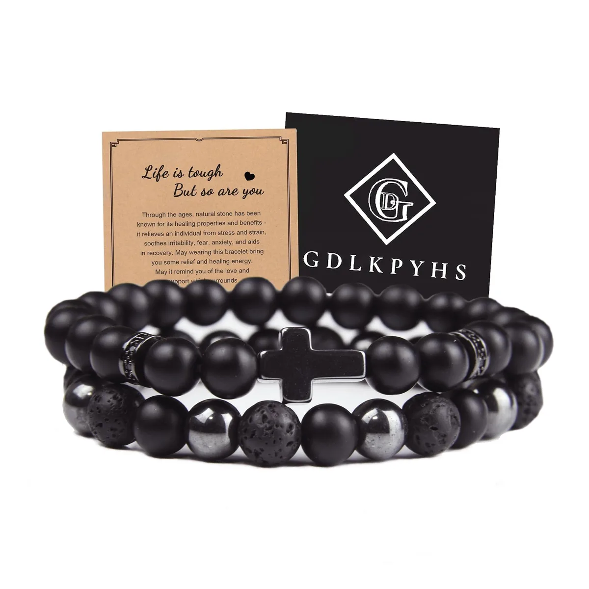  GDLKPYHS Triple Protection Bracelet Cross Set Black 8MM Onyx Hematite Lava Stone Unisex One Size — product photo