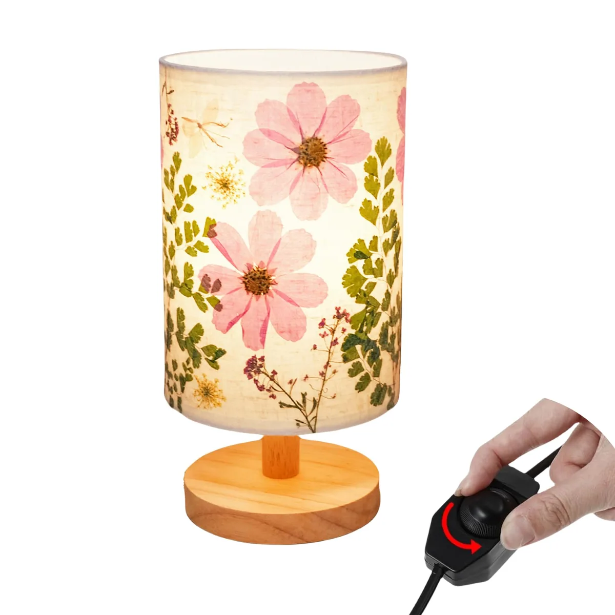 Small table lamp with pressed flowers on a linen shade and wooden base, 21 cm tall