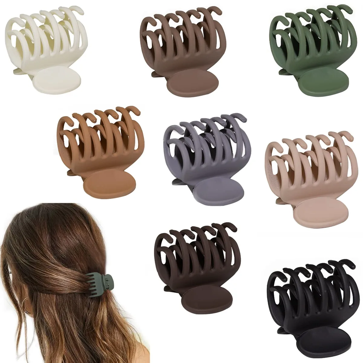 Set of eight small matte claw clips with double-row teeth and metal springs