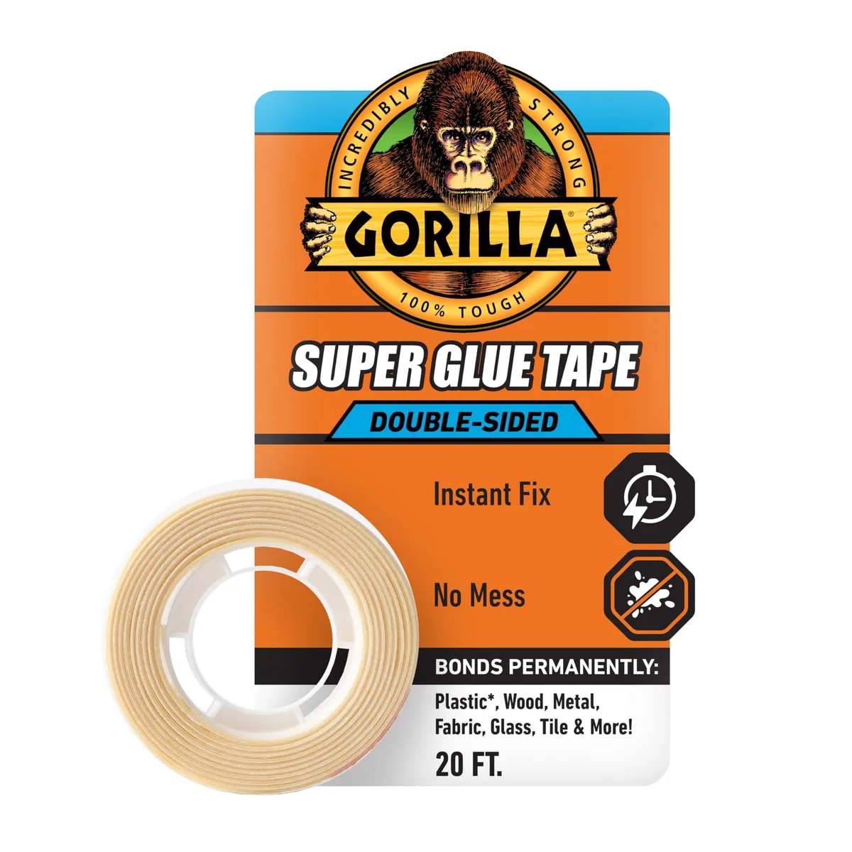 Clear double-sided tape roll in a rectangular dispenser, 5/8 inch wide by 20 feet long