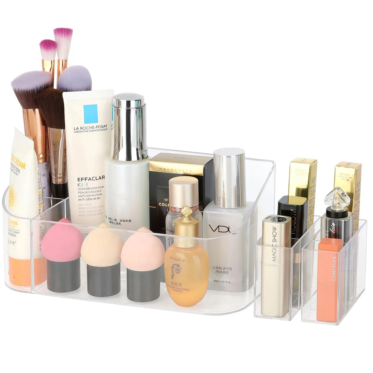 Clear acrylic makeup tray with nine compartments, rectangular shape, polished finish