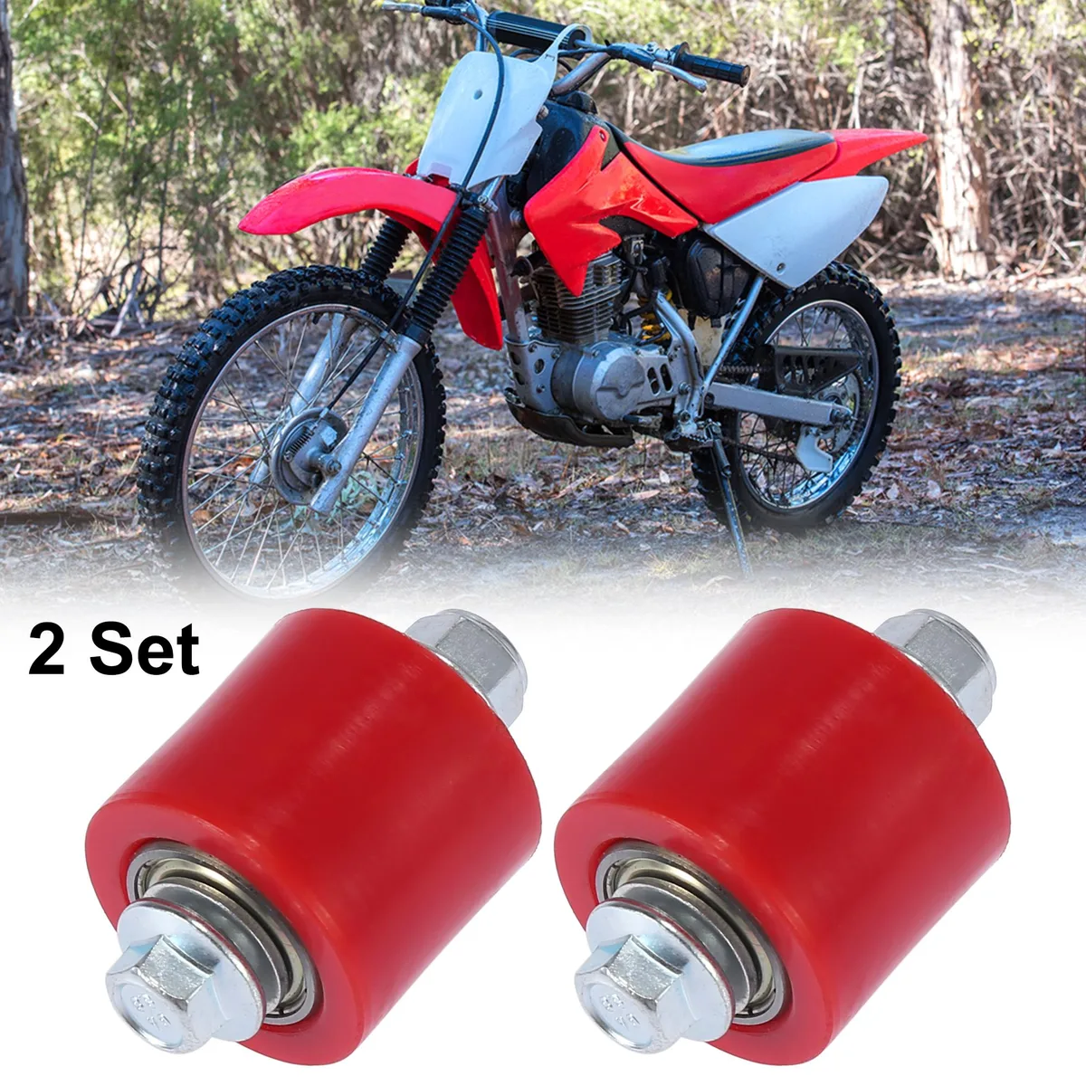 Two red cylindrical chain pulley rollers with metal centres and rubber tyres, M8 bolts, nuts and washers included