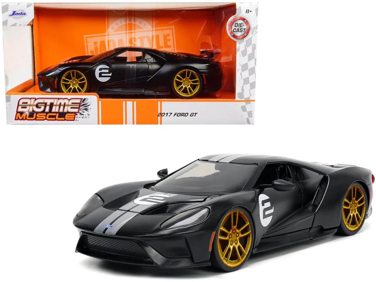 Jada Jada 2017 Ford GT #2 Matt Black Silver Stripes Gold Wheels Bigtime Muscle 1/24 Diecast Hobby Collectible — product photo
