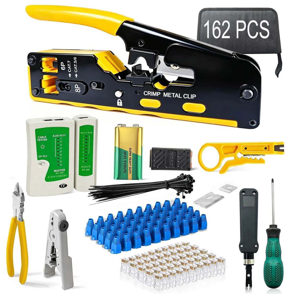 Klein Tools RJ45 pass-through crimper kit in nylon bag with connectors, ties and tester