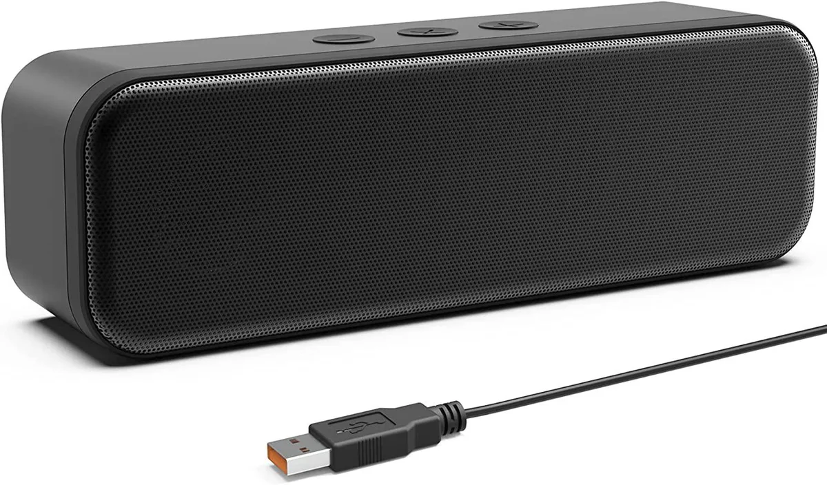 Compact black USB soundbar with three volume buttons on top