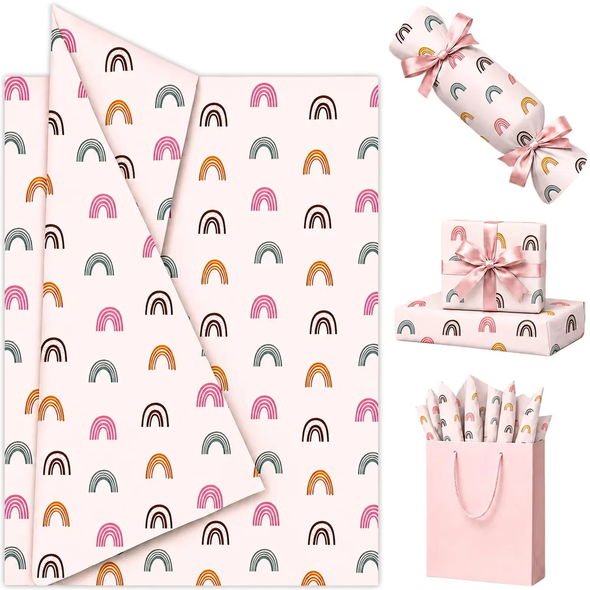Stack of 30 light pink tissue sheets with rainbow arches 20x14in 17gsm