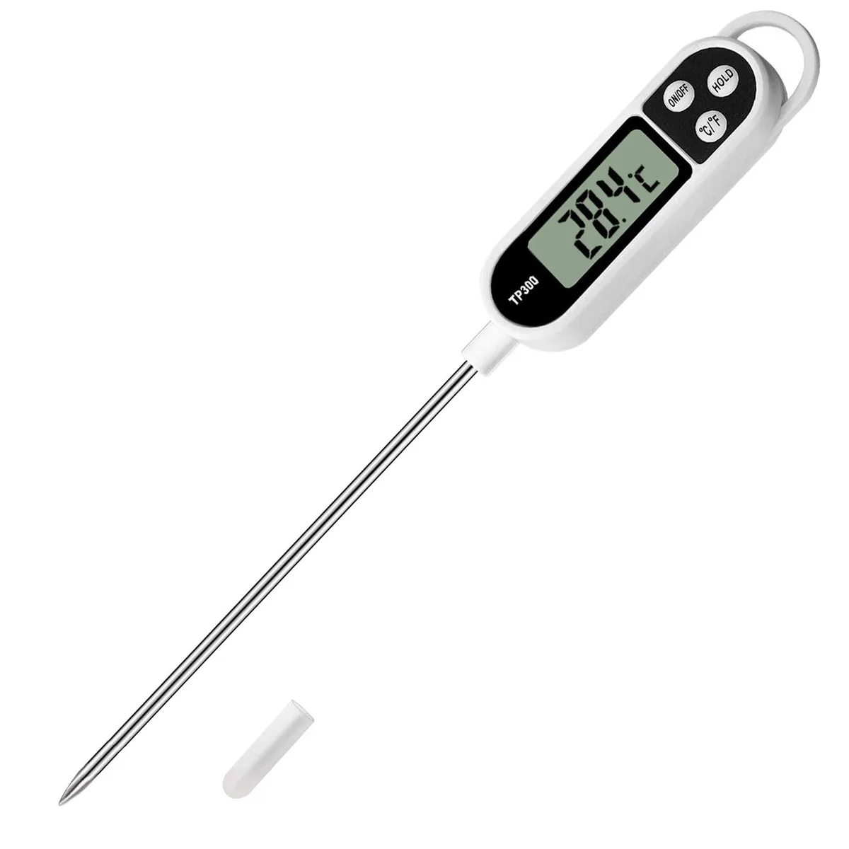 White digital thermometer with 5.6 inch stainless steel probe and LCD display