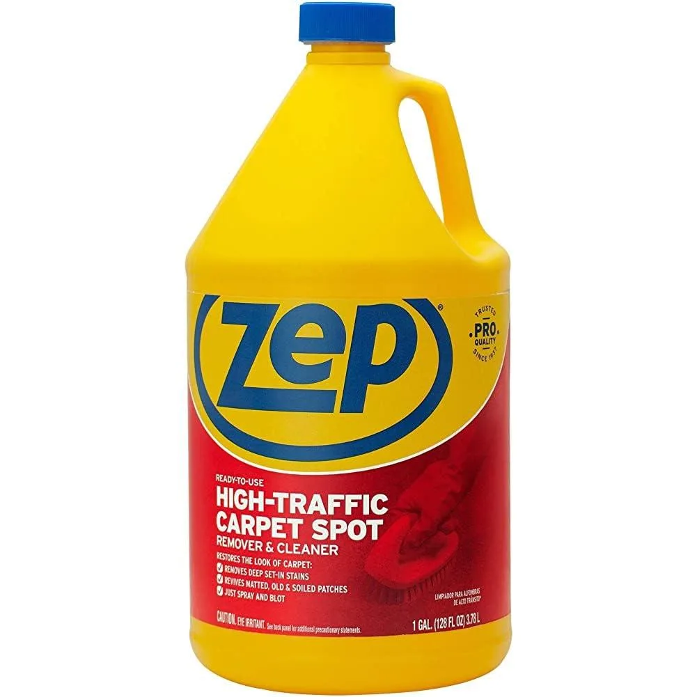 White one-gallon jug of Metra high-traffic carpet cleaner