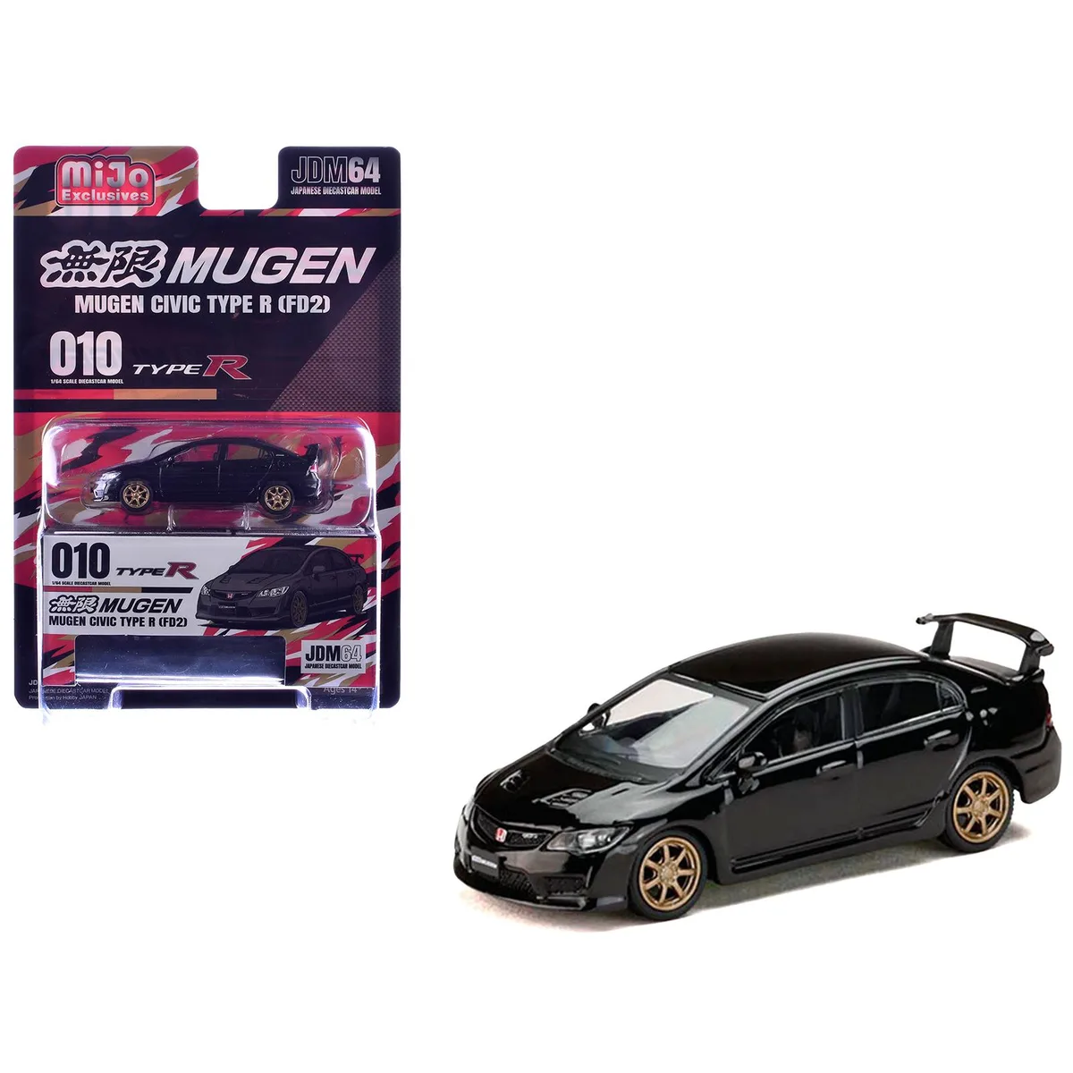 HOBBY JAPAN HOBBY JAPAN Honda Mugen Civic Type R FD2 RHD Crystal Black Pearl Gold Wheels JDM64 1/64 Diecast Car 2.75 in — product photo
