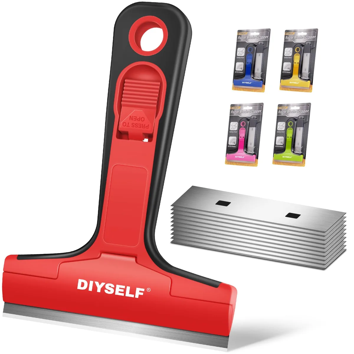 Metal scraper with ergonomic handle and ten 4-inch blades in storage box