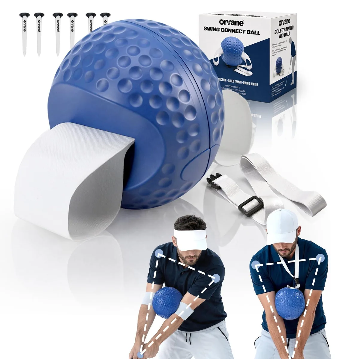 Blue and white foam training ball with adjustable arm straps and neck lanyard
