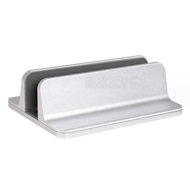 Silver anodized aluminium vertical laptop stand with two adjustable dock slots, sandblasted brushed finish, non-toxic silicone mat