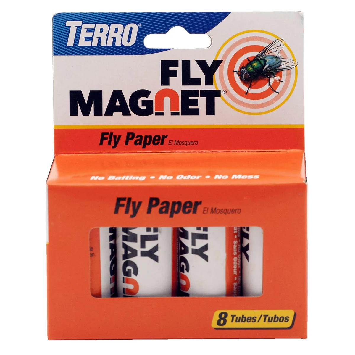 Eight cardboard tubes containing coiled sticky fly ribbons with red pull tabs and thumbtacks
