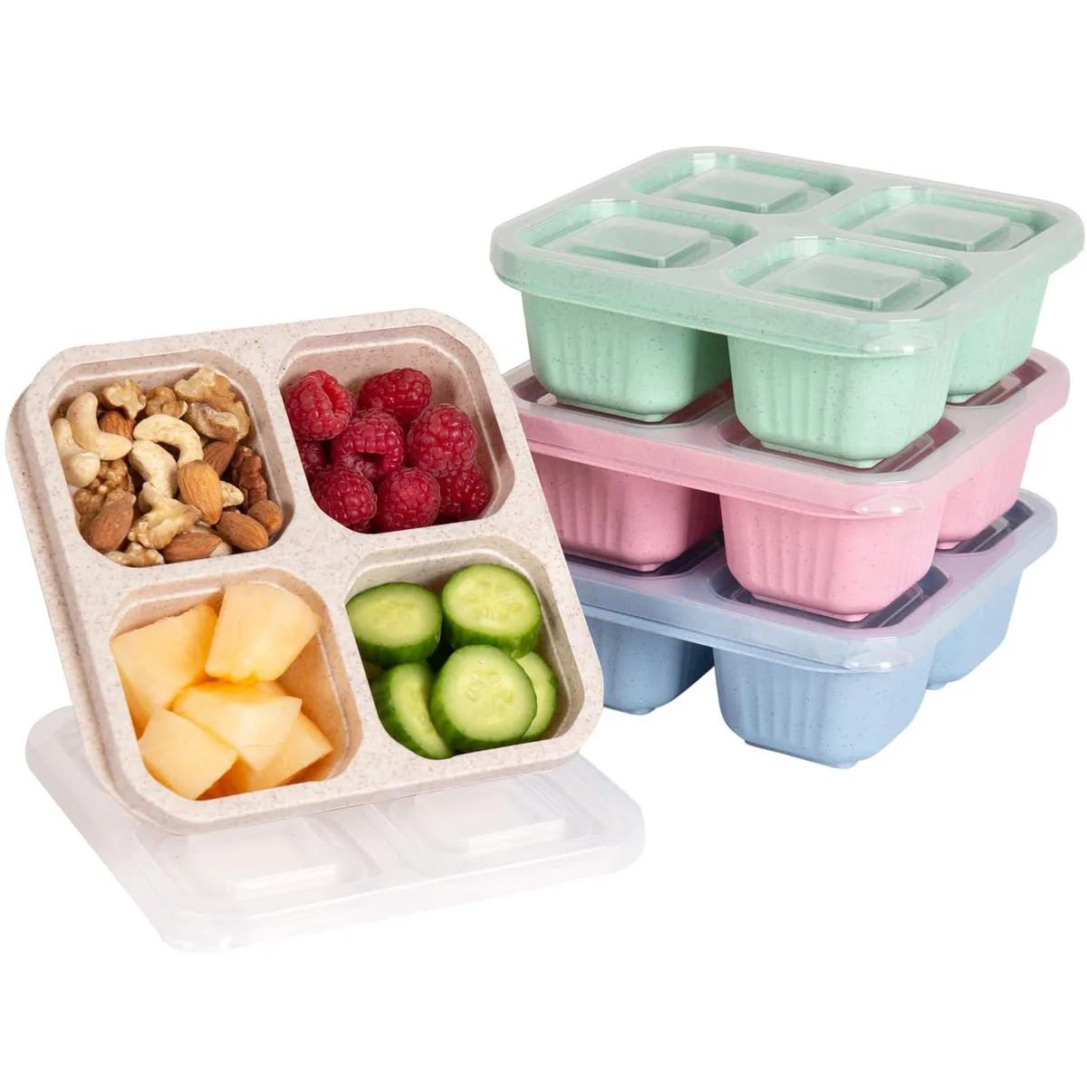 Four rectangular wheat-straw bento boxes with coloured lids, stacked showing multi-colour finish