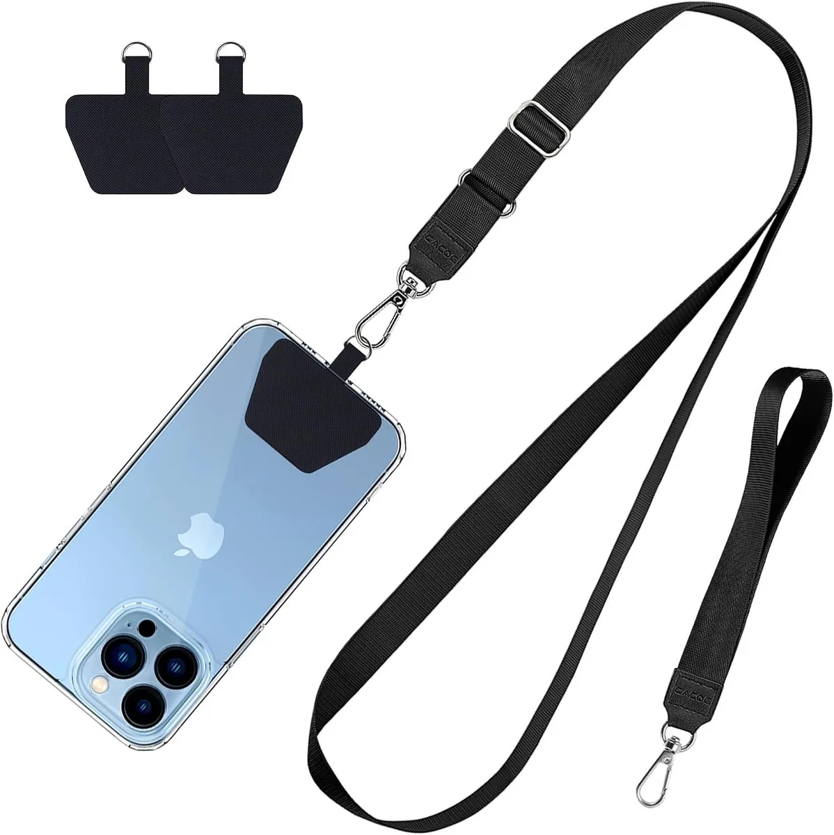Black phone lanyard kit with adjustable neck strap, wrist strap and two pads
