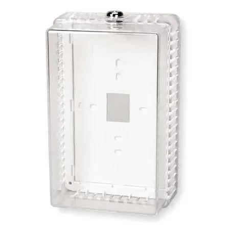 Clear plastic thermostat guard with off-white base and snap-on cover