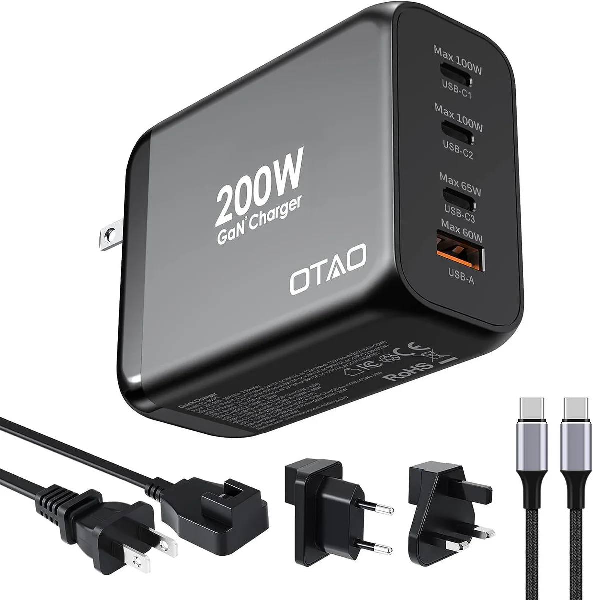 Foldable 200W GaN wall charger with four USB ports and detachable AC cord