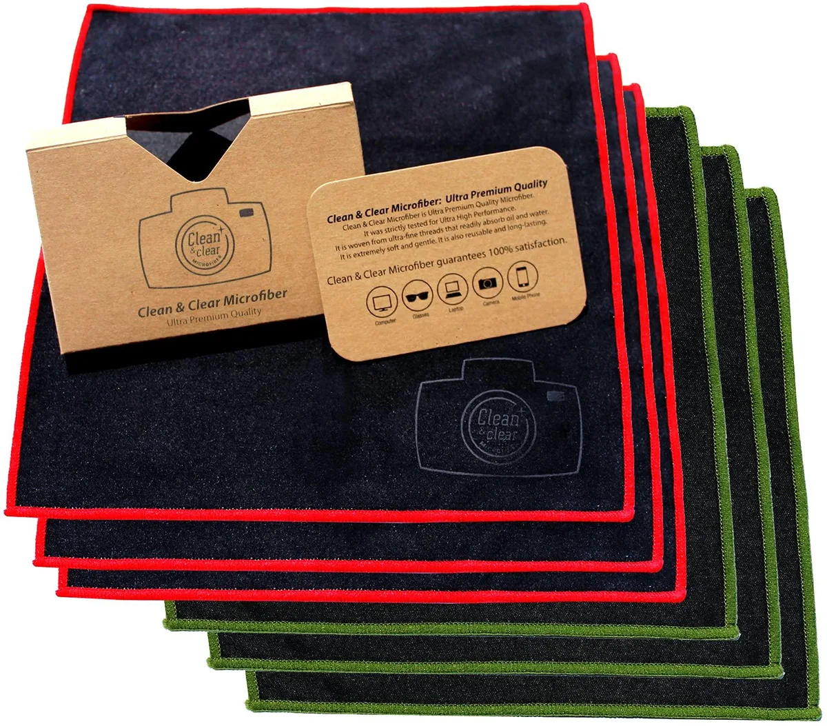 Six square microfibre cloths in a resealable bag