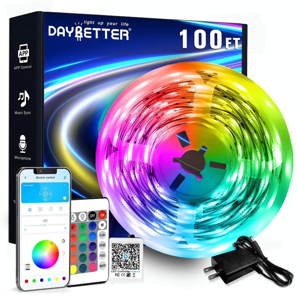 Coiled 100ft RGB LED strip on spool, multicolor housing, adhesive backing visible