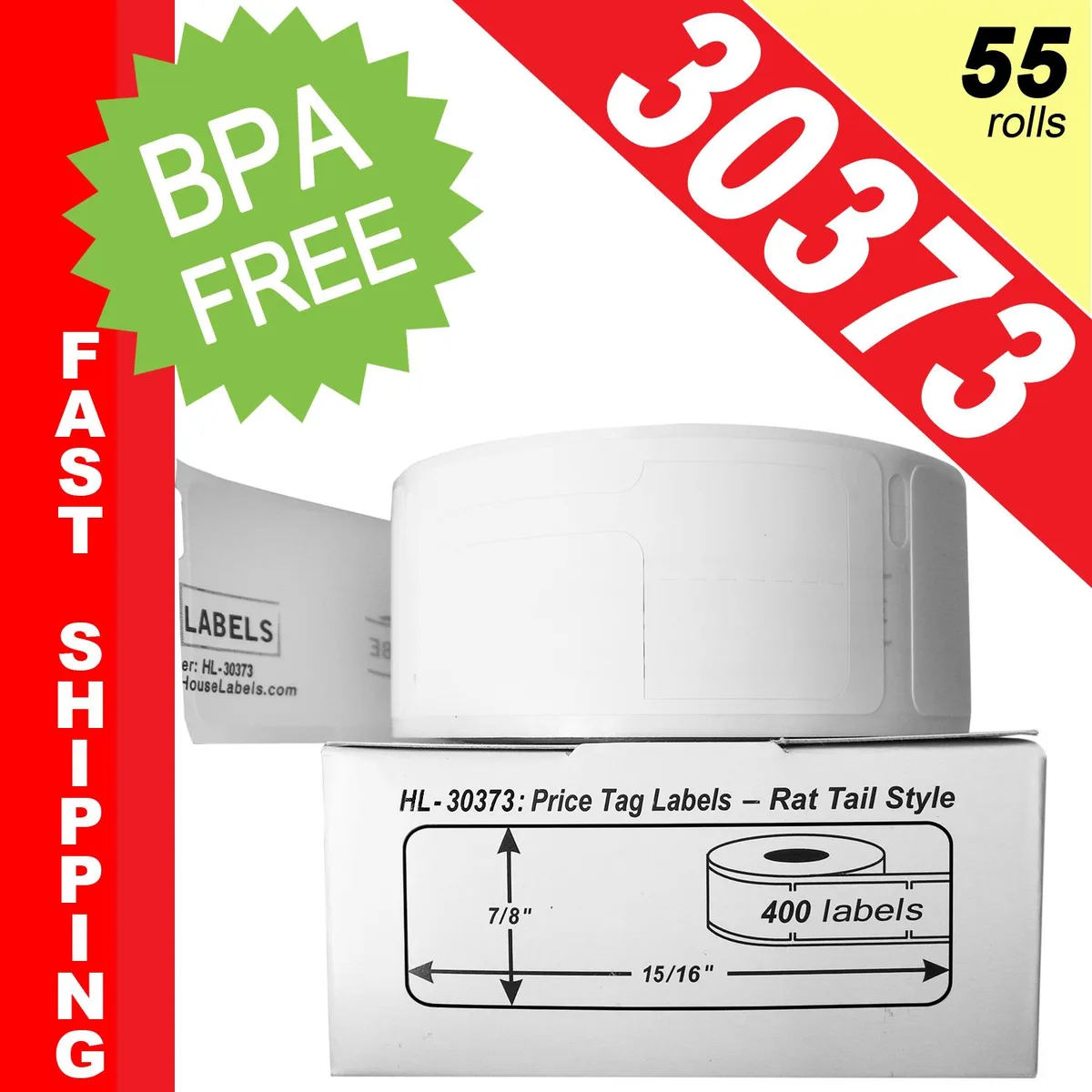 HouseLabels.com HouseLabels.com 30373 Pricetag Labels Rat Tail 7/8 x 15/16 BPA Free 55 Rolls 400 Labels — product photo