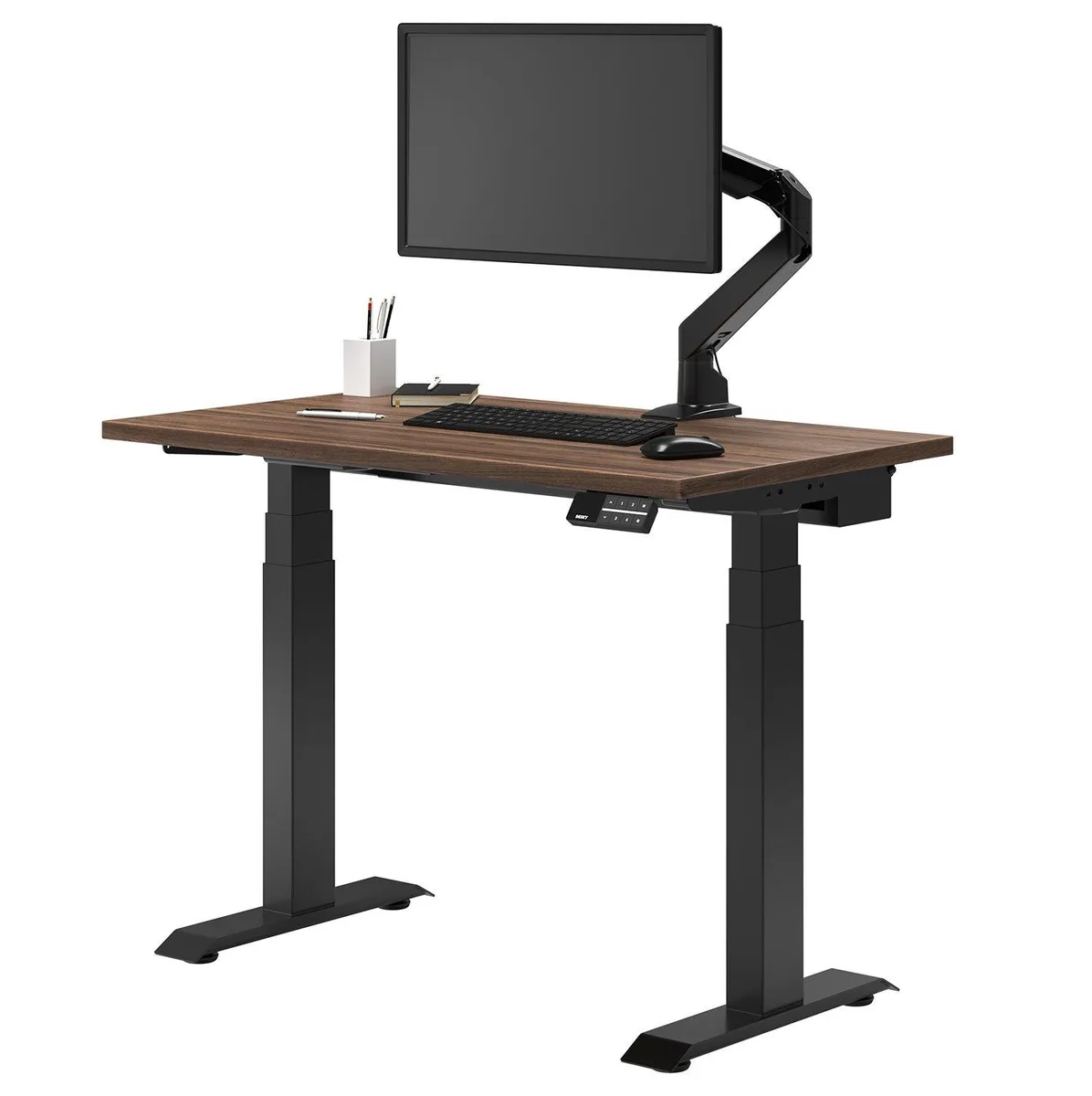 Desky Desky Dual Mini Sit Stand Desk Jarrah Legno 32 x 20 in Matte Black office furniture — product photo