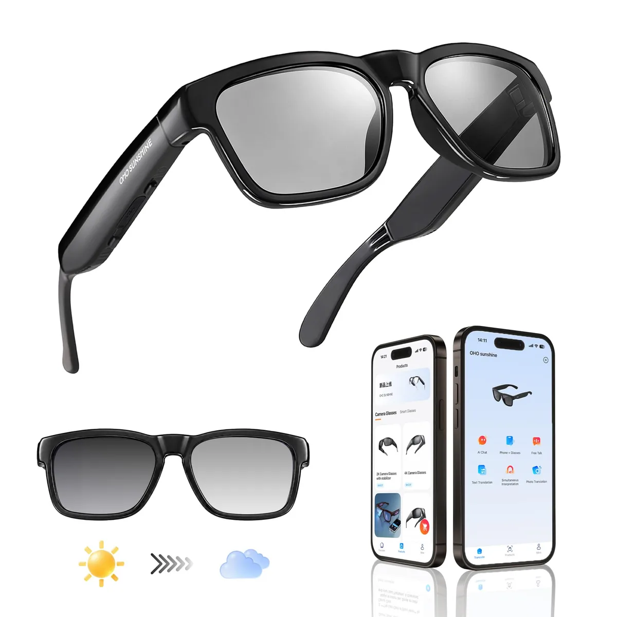 OhO Sunshine Elingo AI Translation Smart Glasses Square Frame Grey Lens 10H Bluetooth 5.2 — product photo