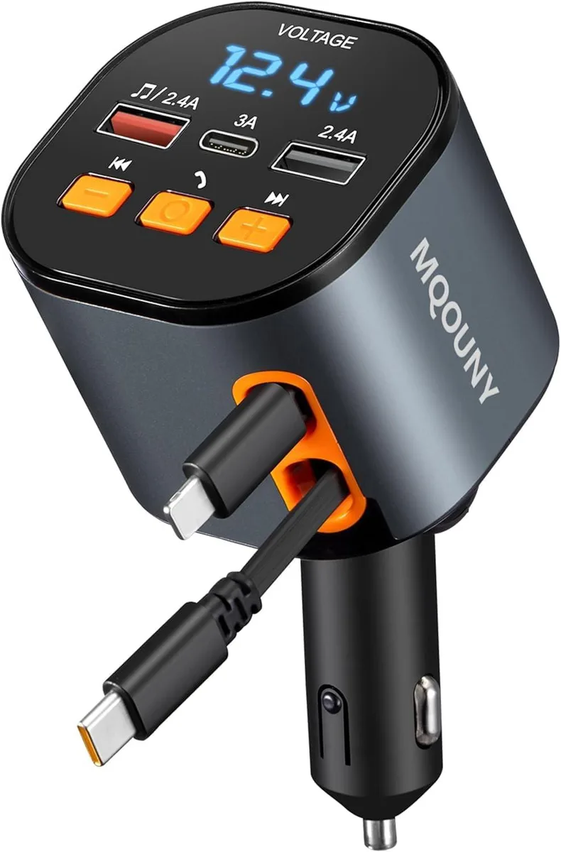 Hamzan Hamzan 5-in-1 Car Charger 90W Bluetooth 5.3 FM Transmitter 2 Retractable Cables — product photo