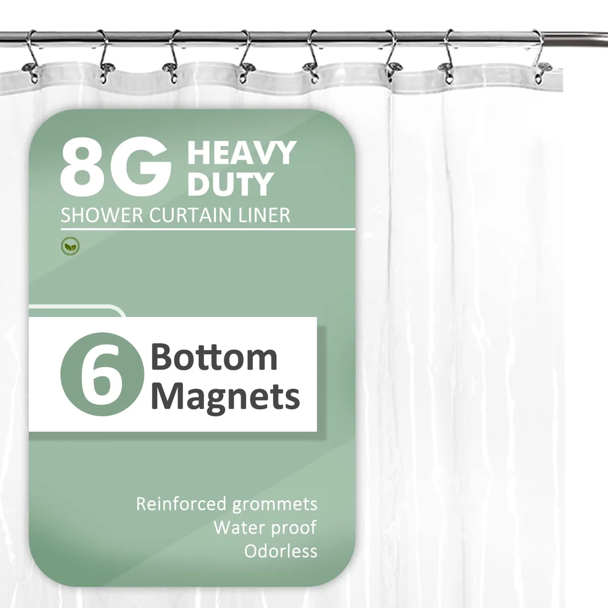 Clear PEVA shower curtain liner 72 by 84 inches with six bottom magnets and metal grommets