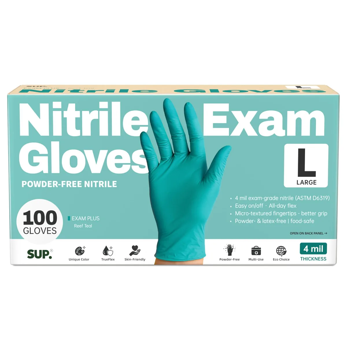 Box of 100 teal nitrile gloves with textured fingertips