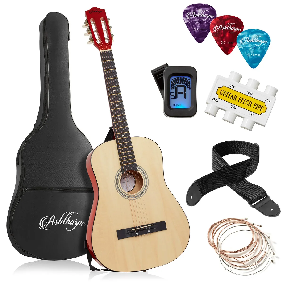 Ashthorpe Ashthorpe 38-inch Beginner Acoustic Guitar Natural Starter Kit — product photo