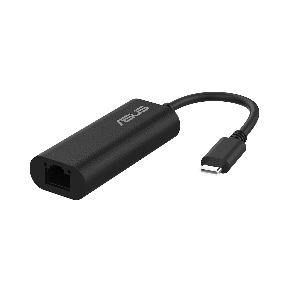 Black USB-C network adapter with short cable and RJ45 port