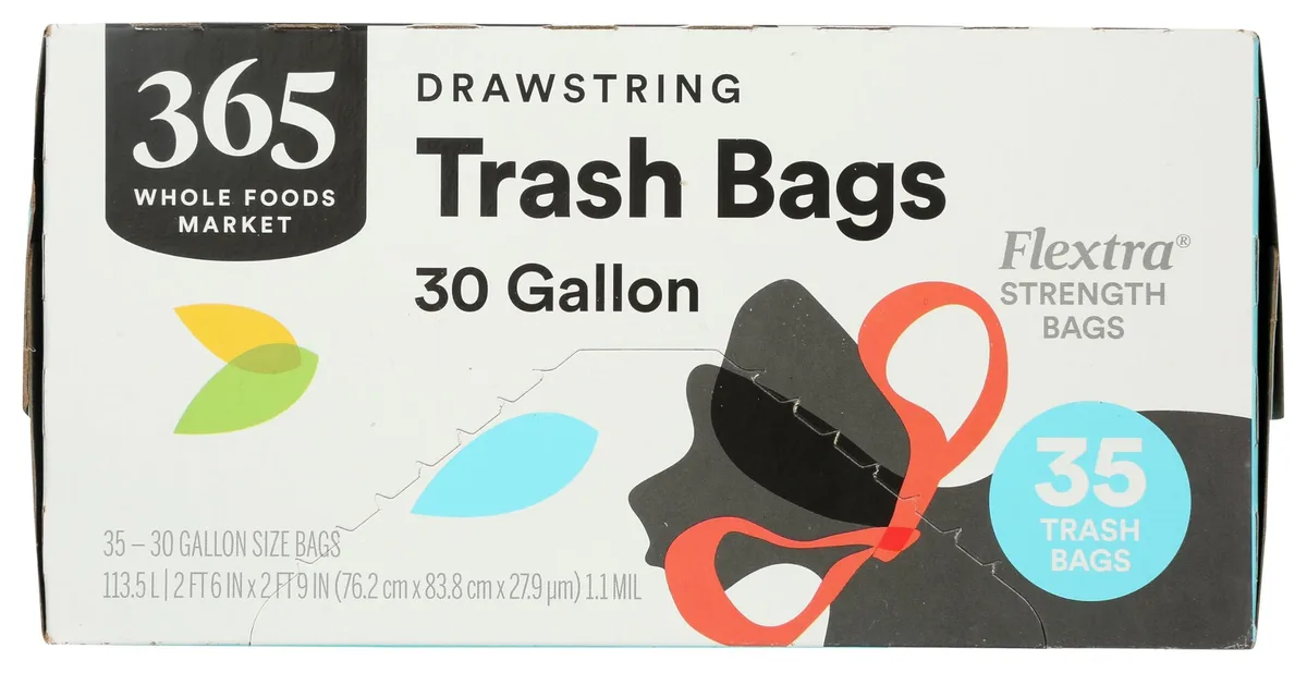 White drawstring trash bags in a rectangular box, 35 count, 30 gallon capacity
