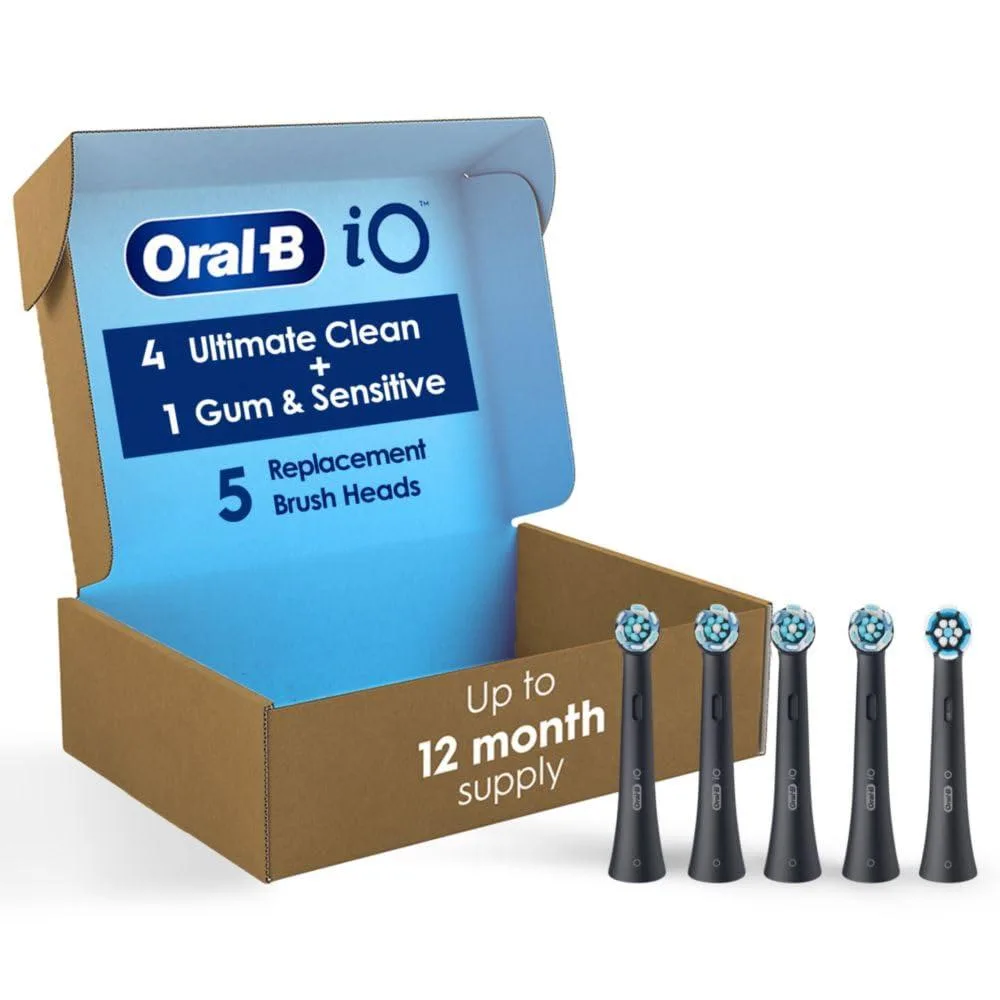 Black Oral-B iO brush heads pack of five with round soft bristles