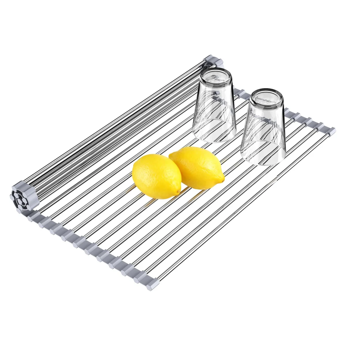 Gray roll-up drying rack with metal rods spaced across 17.5 by 15.7 inches
