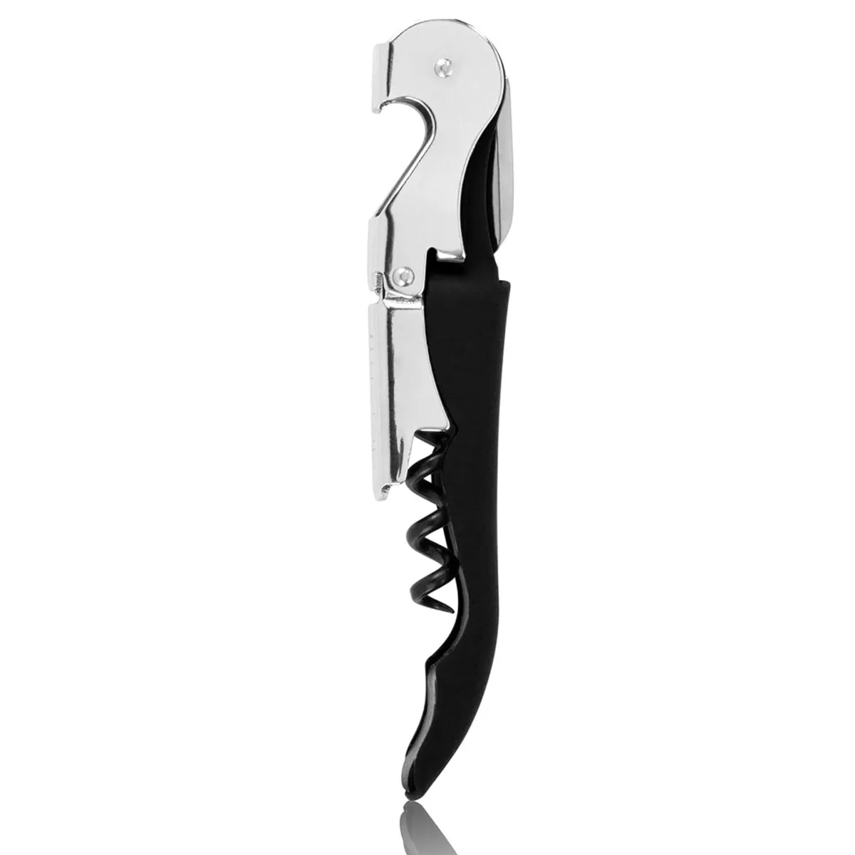 Black double-hinged corkscrew with foil cutter and bottle opener, soft-touch finish