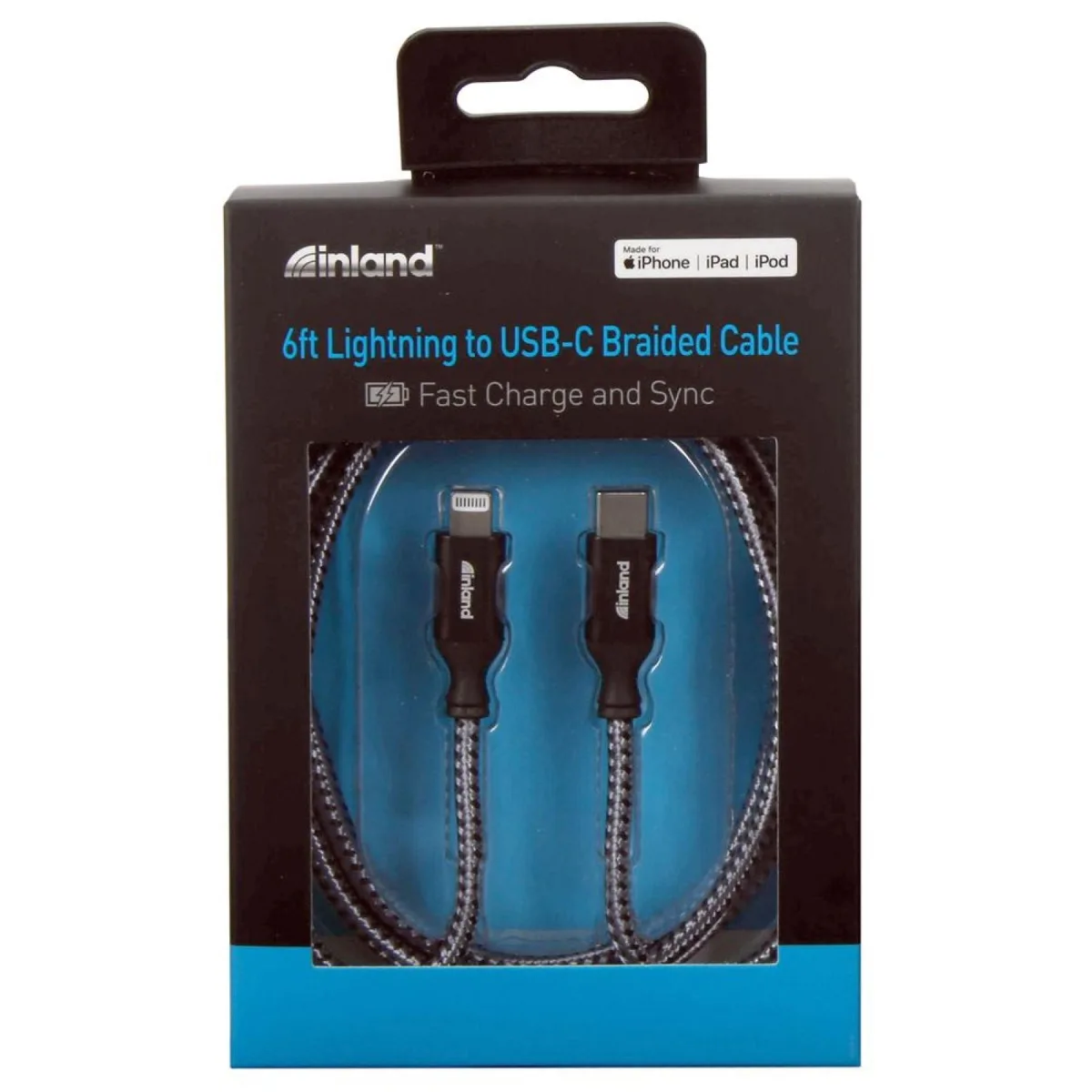 INLAND INLAND 6ft Lightning to USB-C Braided Cable Gray — product photo