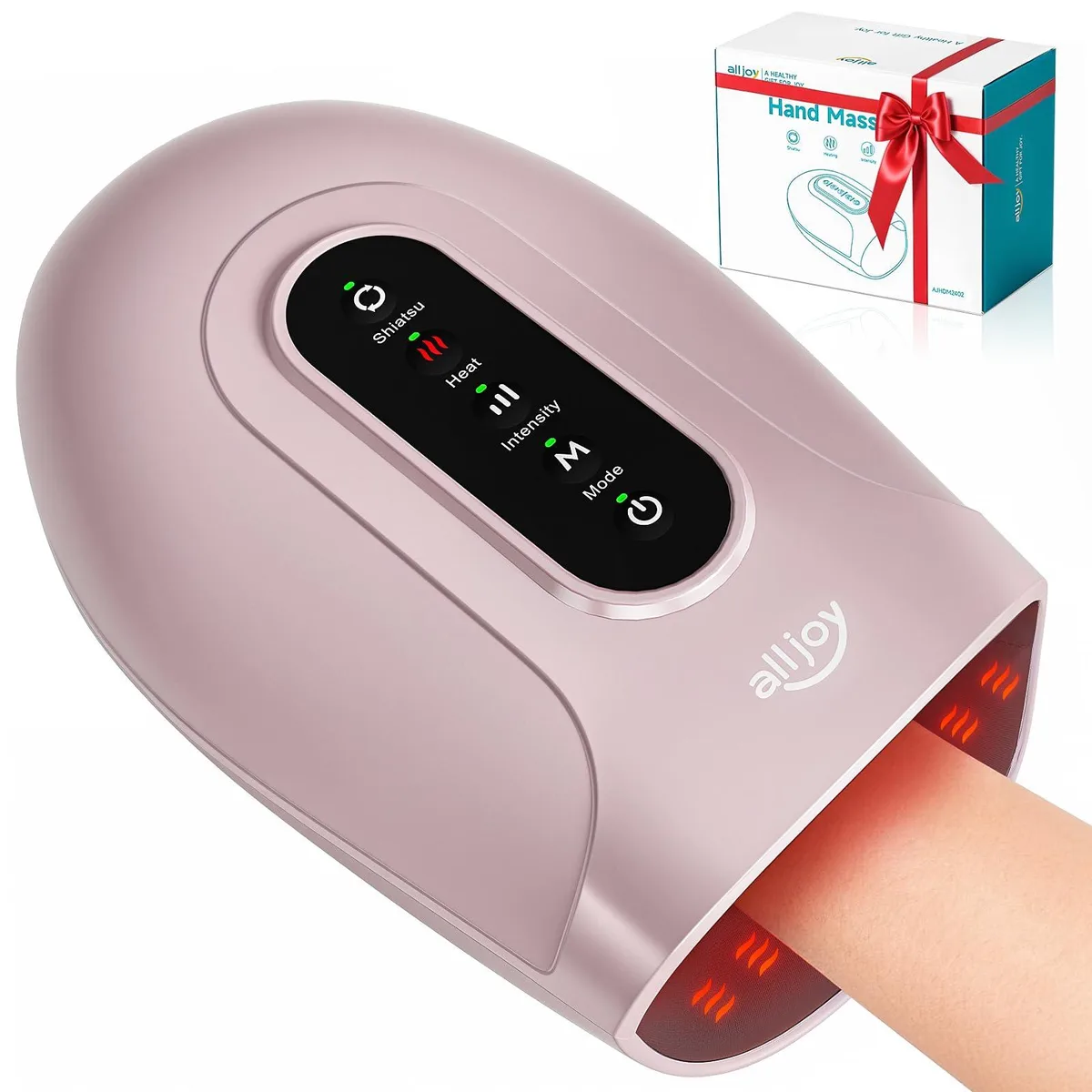 Pink cordless hand massager with rounded plastic shell and soft inner lining
