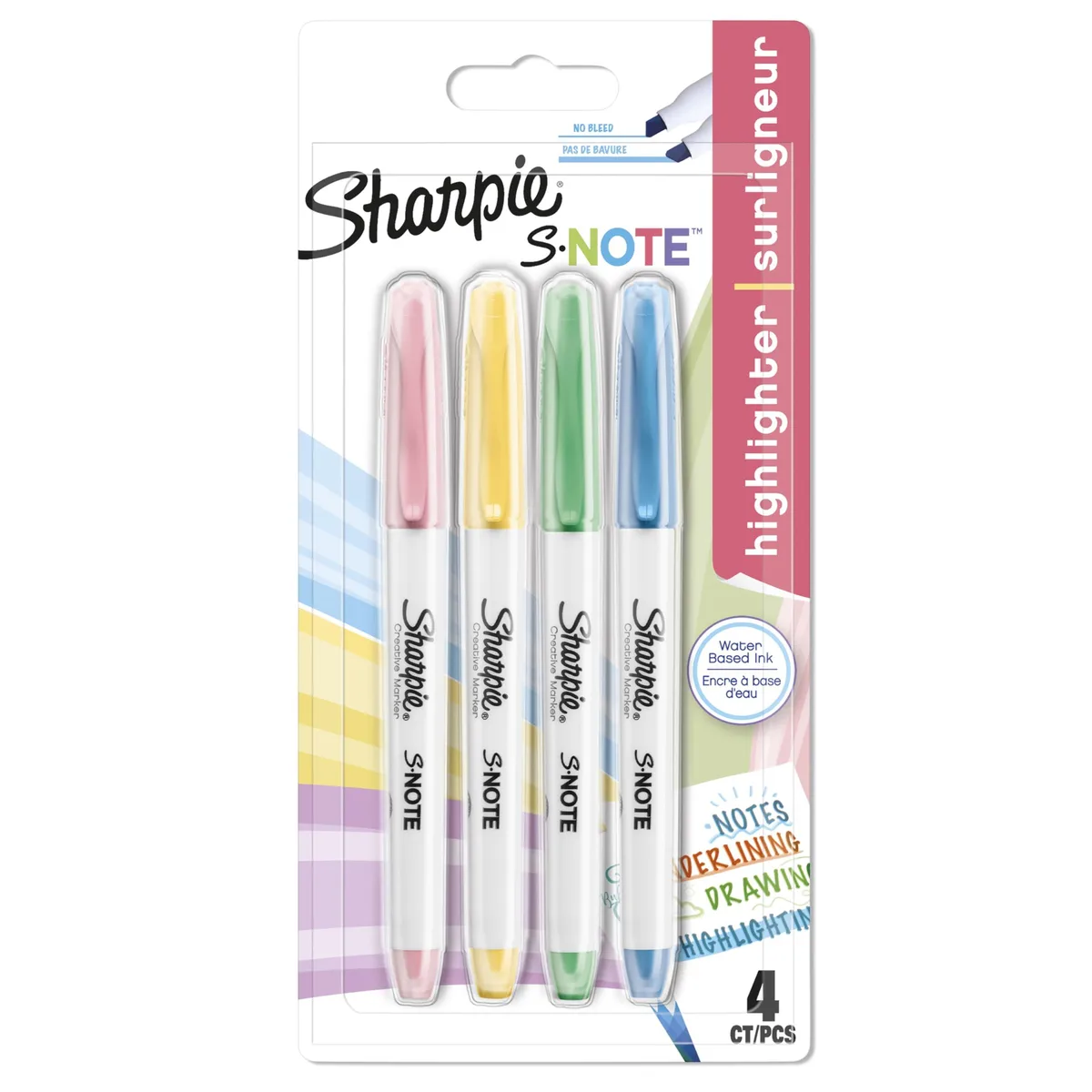 Four pastel Sharpie S-Note highlighter pens with chisel tips and colour-matched caps