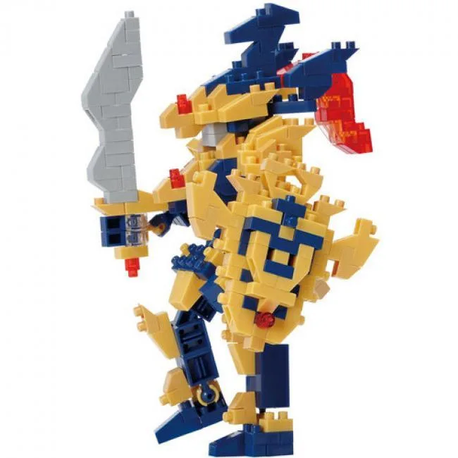 Small boxed building kit of a jointed anime warrior figure in metallic blue and gold armour