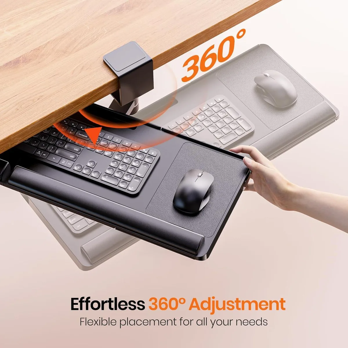 BFKK BFKK Keyboard Tray 25"W×11.02"D 360° Rotation with Mouse Pad &amp; Drawer — product photo