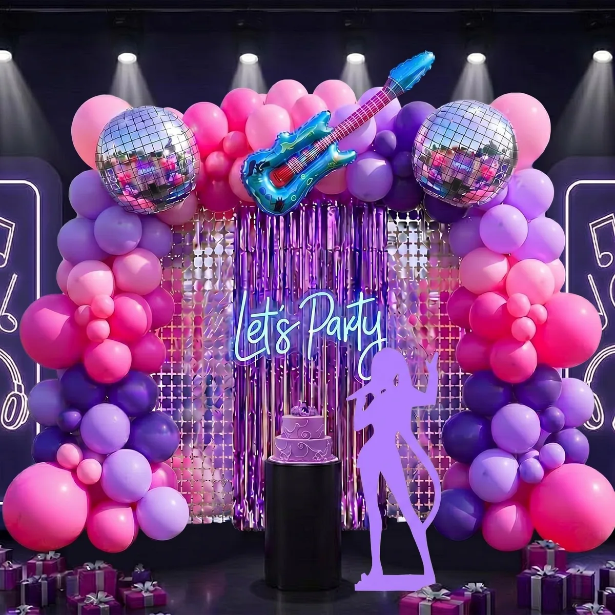 157-piece K-pop party kit with blue guitar balloon, holographic tassels, disco balls, foil curtains