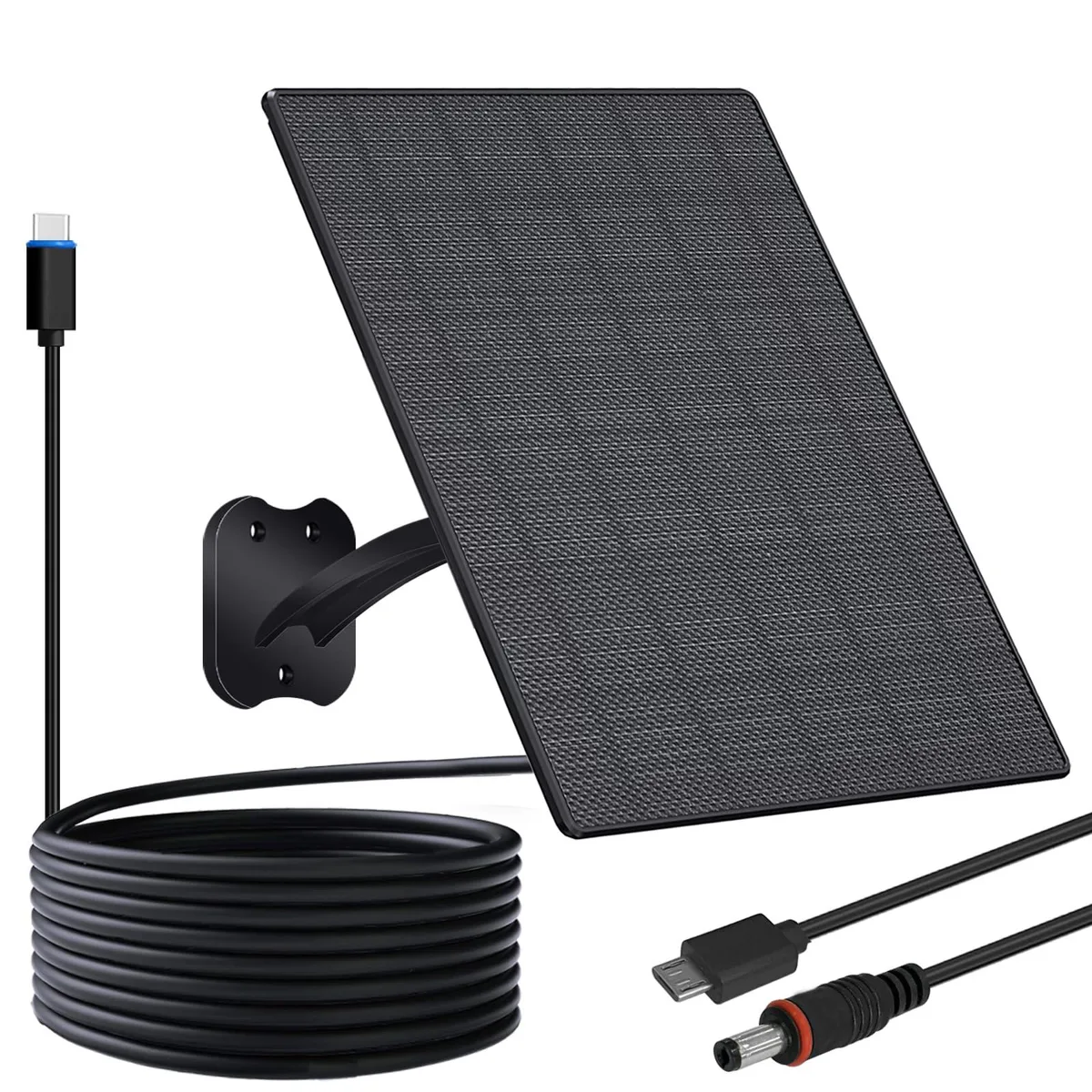 Black rectangular solar panel with adjustable mount and 7.2FT cable