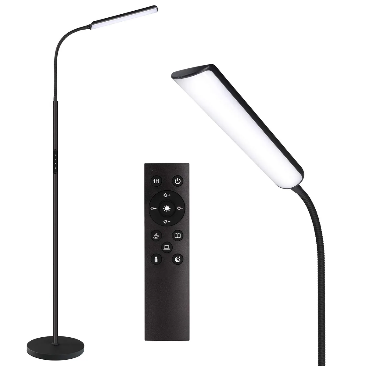 Slim painted floor lamp with curved LED head, touch panel and remote control