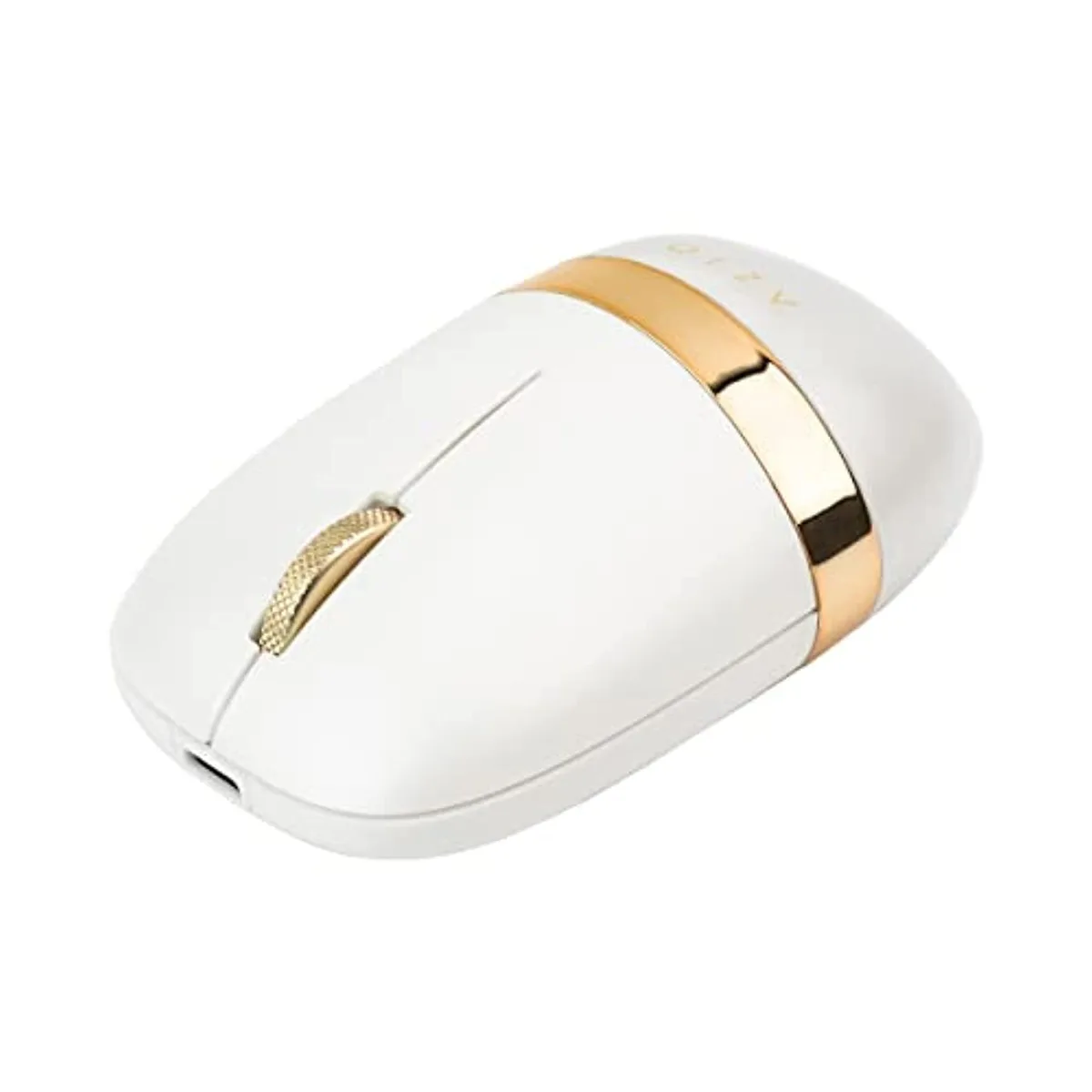 White rounded mouse with frosted translucent body, gold scroll wheel and ring, matte metallic accents